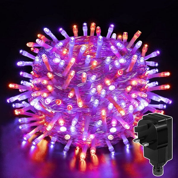 300 LED 30m Halloween String Lights (Purple + Orange, Clear Cable, Plug in, 8 Modes)