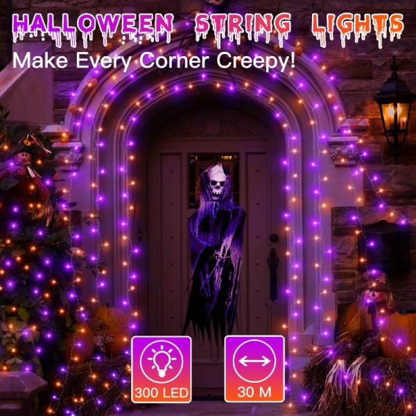 300 LED 30m Halloween String Lights (Purple + Orange, Clear Cable, Plug in, 8 Modes)