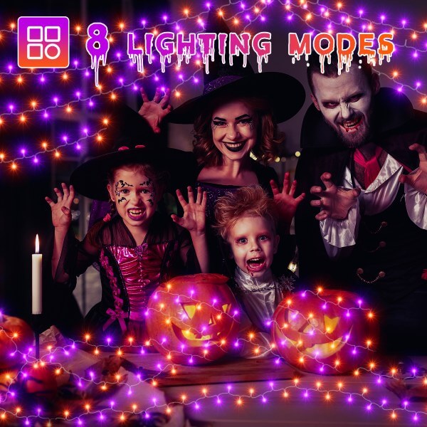 300 LED 30m Halloween String Lights (Purple + Orange, Clear Cable, Plug in, 8 Modes)