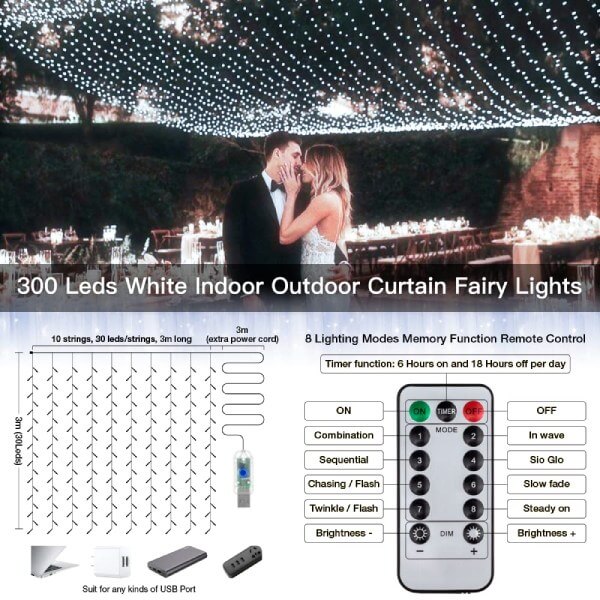 Ollny 300 LEDs 3m*3m Christmas Curtain Fairy Lights (Cool White, Clear Cable, USB Charged, 8 Modes)