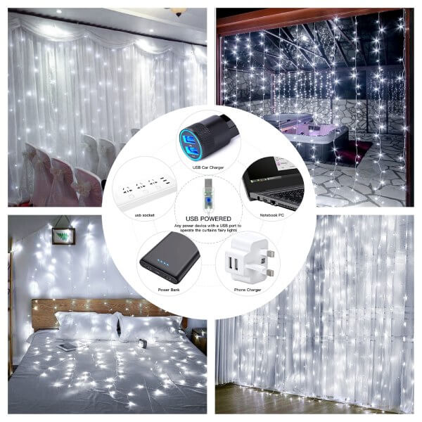 Ollny 300 LEDs 3m*3m Christmas Curtain Fairy Lights (Cool White, Clear Cable, USB Charged, 8 Modes)