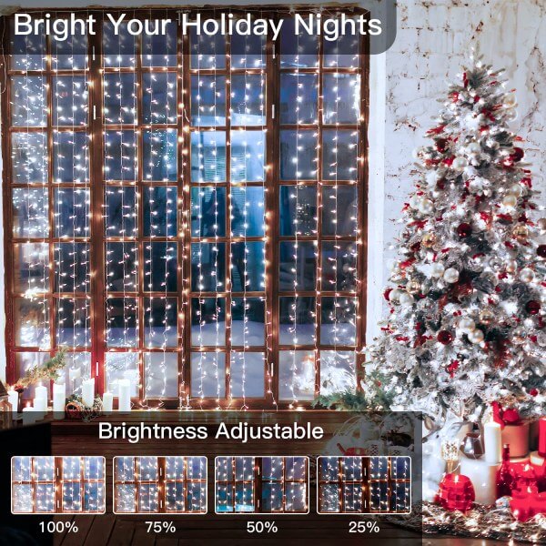 Ollny 300 LEDs 3m*3m Christmas Curtain Fairy Lights (Cool White, Clear Cable, USB Charged, 8 Modes)