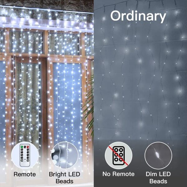 Ollny 300 LEDs 3m*3m Christmas Curtain Fairy Lights (Cool White, Clear Cable, USB Charged, 8 Modes)