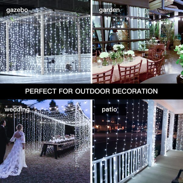 Ollny 300 LEDs 3m*3m Christmas Curtain Fairy Lights (Cool White, Clear Cable, USB Charged, 8 Modes)