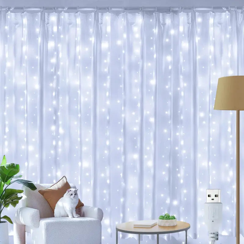 Ollny 200 LED 2m*2m USB Curtain Fairy Lights With Hooks(Cool White, Copper Wire)