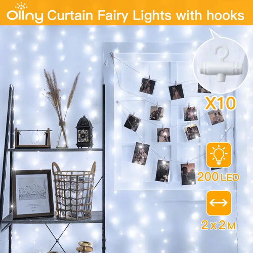Ollny 200 LED 2m*2m USB Curtain Fairy Lights With Hooks Cool White