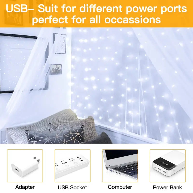 Ollny 200 LED 2m*2m USB Curtain Fairy Lights With Hooks Cool White