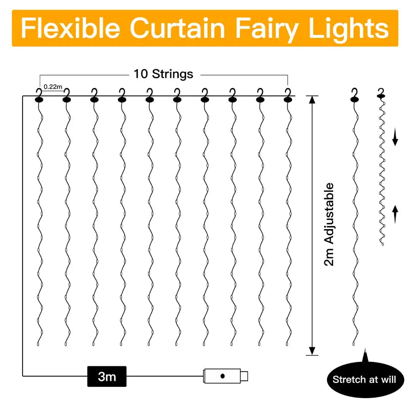 Ollny 200 LED 2m*2m USB Curtain Fairy Lights With Hooks Cool White