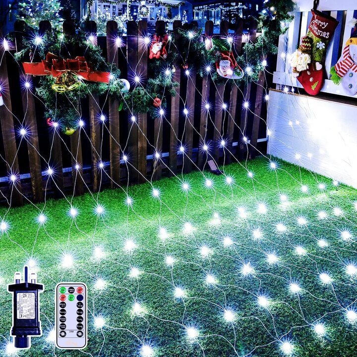 Ollny 200 LEDs 3m*2m IP67 Fairy Net Lights (Cool White, Clear Wire, Plug in, 8 Modes)