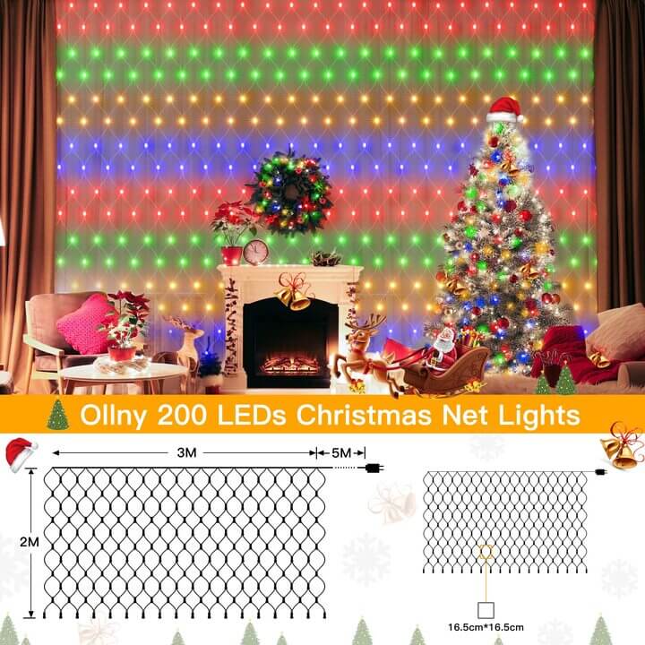 Ollny 200 LEDs 3m*2m IP67 Fairy Net Lights (Multi Color, Clear Wire, Plug in, 8 Modes)
