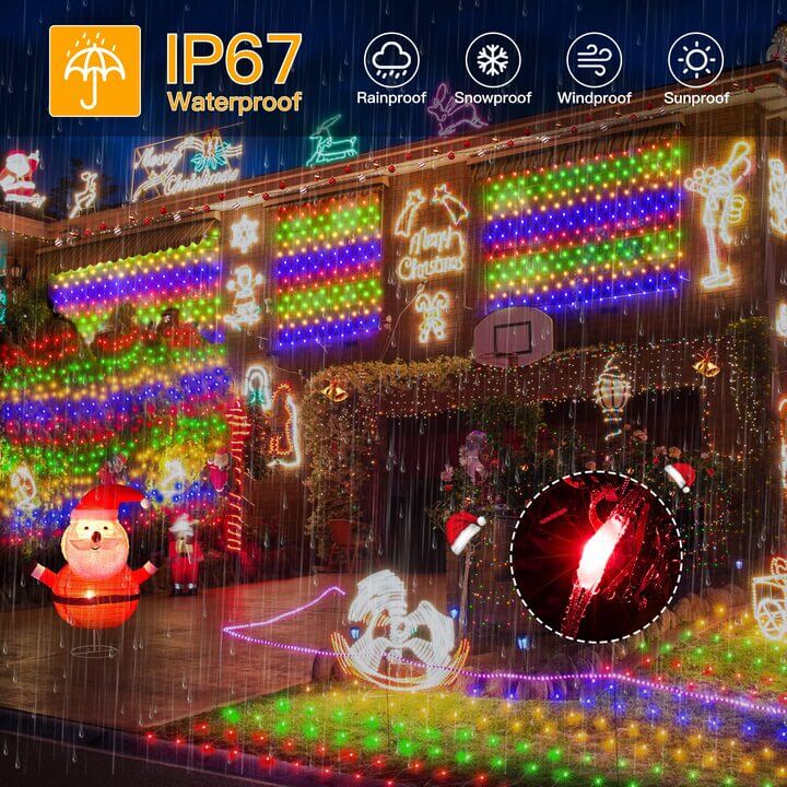 Ollny 200 LEDs 3m*2m IP67 Fairy Net Lights (Multi Color, Clear Wire, Plug in, 8 Modes)