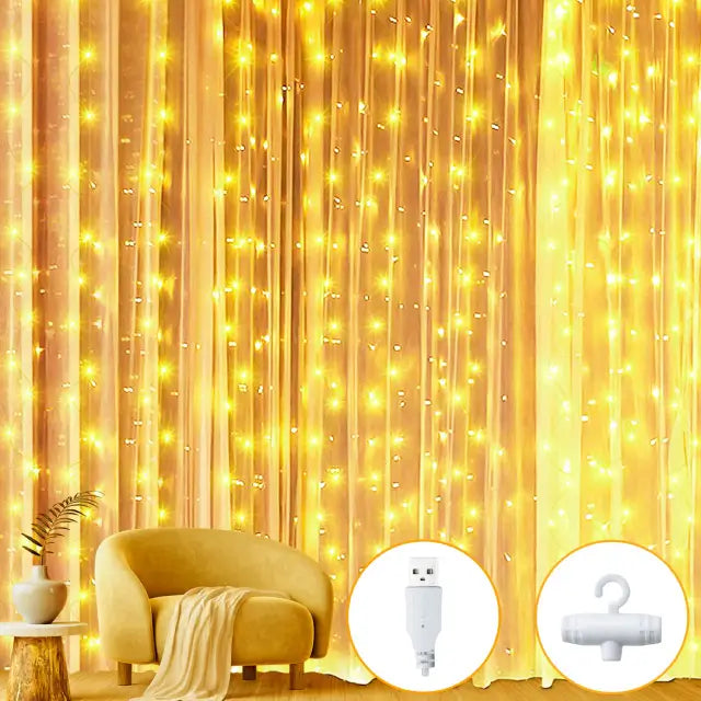Ollny 300 LED 3m*3m USB Curtain Fairy Lights With Hooks (Warm White, Copper Wire)