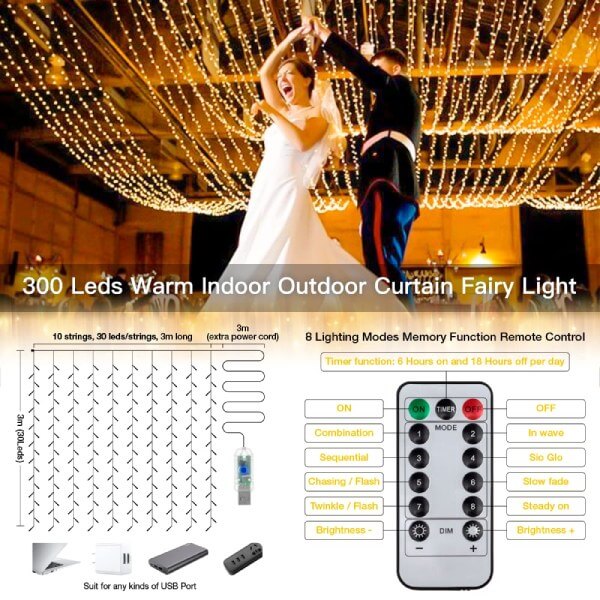 Ollny 300 LEDs 3m*3m Christmas Curtain Fairy Lights (Warm White, Clear Cable, USB Charged, 8 Modes)