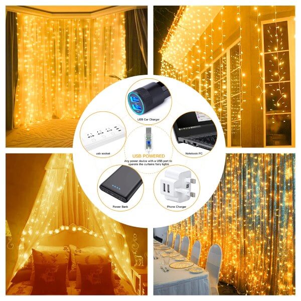 Ollny 300 LEDs 3m*3m Christmas Curtain Fairy Lights (Warm White, Clear Cable, USB Charged, 8 Modes)