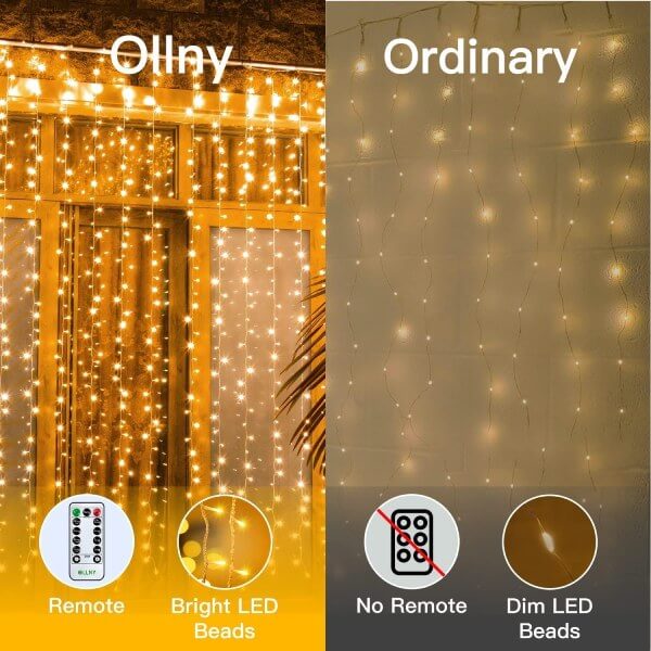 Ollny 300 LEDs 3m*3m Christmas Curtain Fairy Lights (Warm White, Clear Cable, USB Charged, 8 Modes)