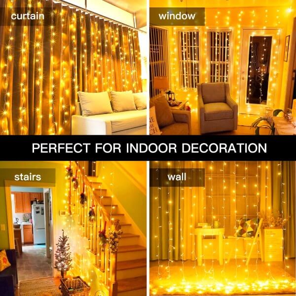 Ollny 300 LEDs 3m*3m Christmas Curtain Fairy Lights (Warm White, Clear Cable, USB Charged, 8 Modes)