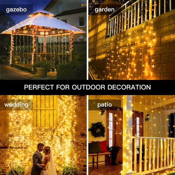 Ollny 300 LEDs 3m*3m Christmas Curtain Fairy Lights (Warm White, Clear Cable, USB Charged, 8 Modes)