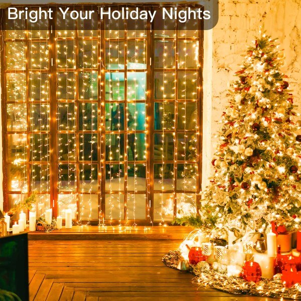 Ollny 300 LEDs 3m*3m Christmas Curtain Fairy Lights (Warm White, Clear Cable, USB Charged, 8 Modes)