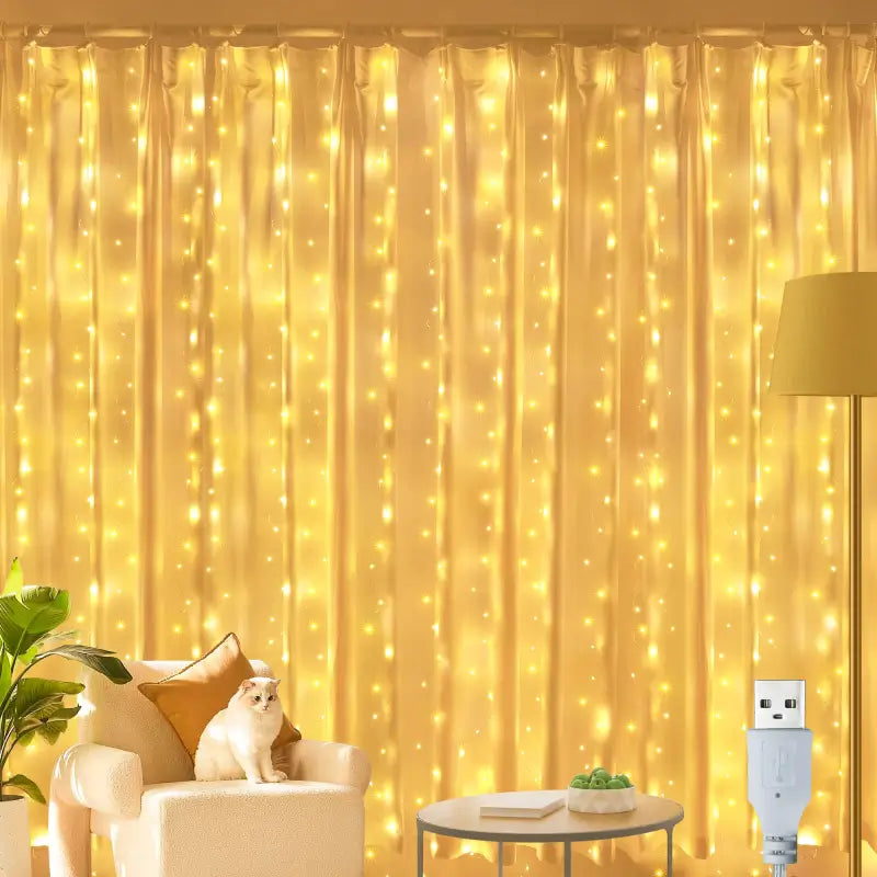 Ollny 200 LED 2m*2m USB Curtain Fairy Lights With Hooks(Warm White, Copper Wire)