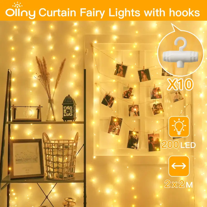 Ollny 200 LED 2m*2m USB Curtain Fairy Lights With Hooks Warm White