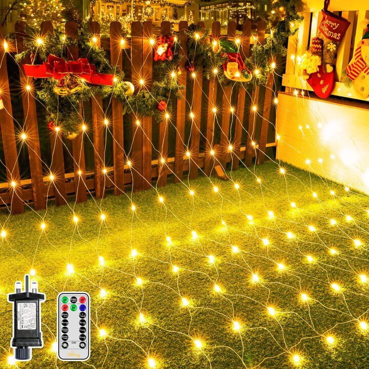 Ollny 200 LEDs 3m*2m IP67 Fairy Net Lights (Warm White, Clear Wire, Plug in, 8 Modes)